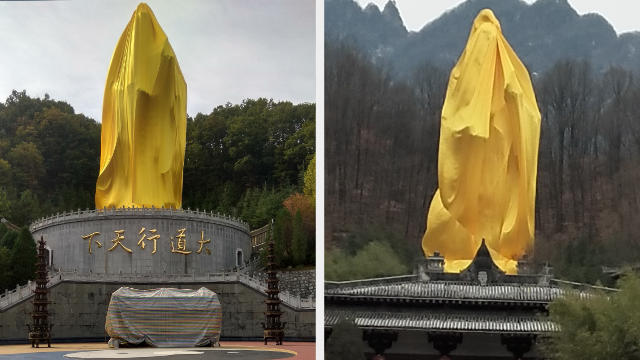 Nel Laojun Mountain Laozi Culture Garden la statua di Lao Tzu è completamente avvolta in un telo giallo