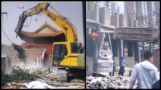 Screenshot di un video su WeChat che mostra il Tempio di Zhantan distrutto