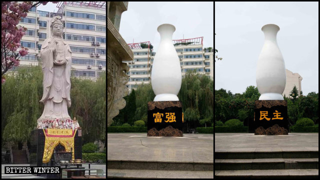 La statua della Guanyin prima di essere “imballata” in un ampio vaso di vetroresina