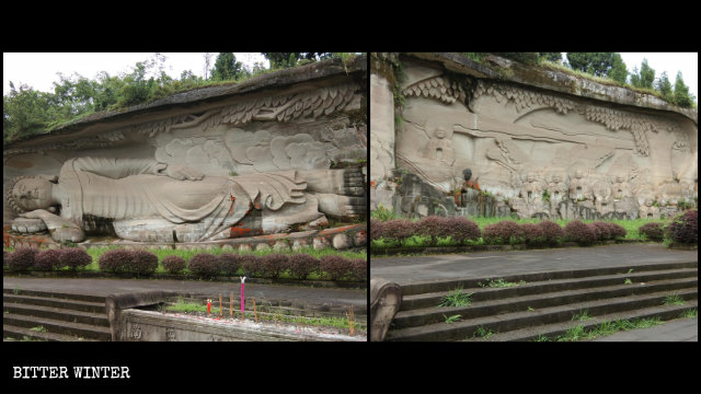 La statua del Buddha disteso sul Monte Lingyun prima di essere coperta