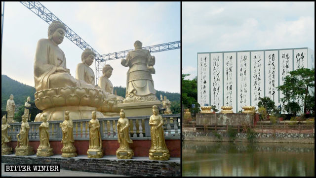 Le grandi statue buddhiste all’ingresso della zona panoramica sono state celate dietro lamiere di ferro zincato