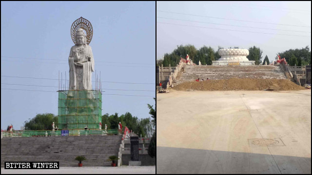 La statua della Guanyin del tempio Jingye prima e dopo la demolizione