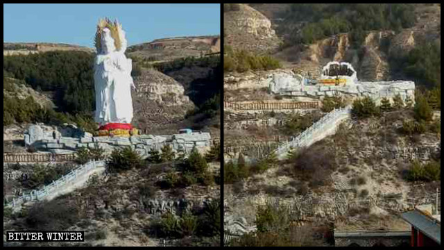La statua a tre facce della Guanyin prima e dopo la demolizione