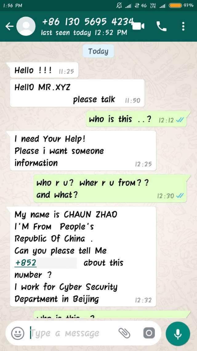 Le chat tra Arnav e le persone che affermano di essere della China National Cybersecurity Agency (l’immagine è stata fornita da un informatore interno)