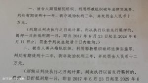 Estratto del verdetto emesso dal Tribunale Popolare Intermedio di Zaozhuang.
