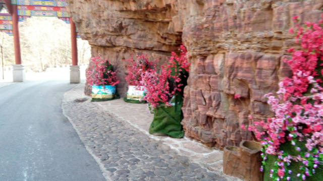 Le statue degli Arhat nella zona panoramica di Qibugou rivestite in abiti verdi e ornate con fiori artificiali