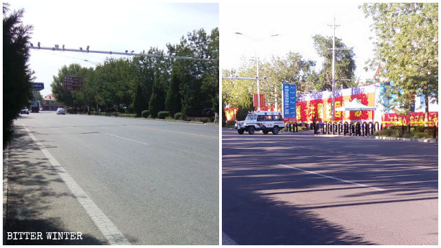 Le strade della contea di Huocheng che portano al campo sono disseminate di telecamere di sorveglianza
