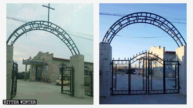 La croce della chiesa cattolica clandestina del borgo di Xintaizi, prima e dopo la rimozione