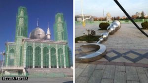 I simboli della mezzaluna rimossi dalle cime dei due minareti sulla facciata della moschea