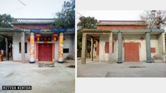 Le porte e le finestre del tempio prima e dopo essere state ostruite