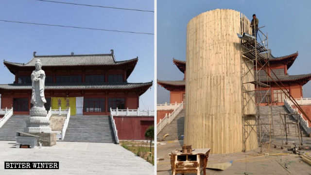 La statua della Guanyin di fronte al tempio di Fusheng prima e dopo essere stata nascosta con lamiere in ferro