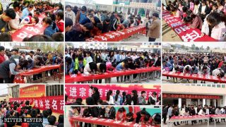 Gli studenti delle scuole primarie e secondarie del borgo di Gaoxin scrivono il proprio nome sul cartellone nelle cerimonie delle firme, con la promessa di non entrare mai in luoghi di incontro religioso