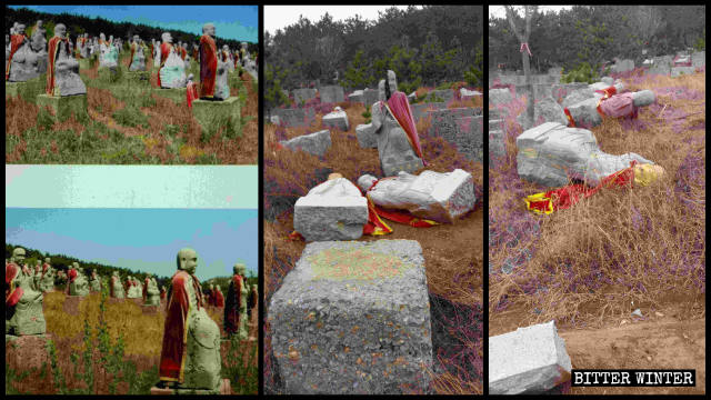 Le statue degli Arhat, prima e dopo essere state rovesciate e danneggiate
