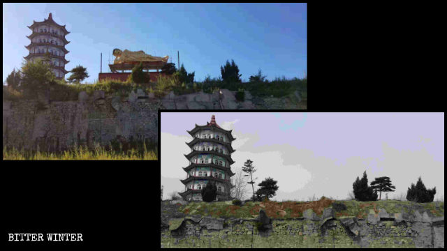 La statua coricata di Shakyamuni nel tempio Lingbao, prima e dopo essere smantellata