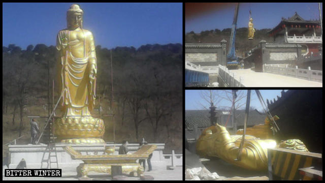La statua del Buddha al tempio Yongning, prima e dopo la rimozione