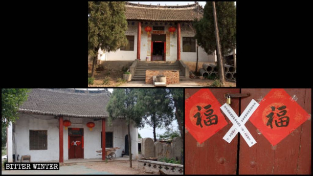 I simboli religiosi sulla porta del Tempio di Xiangyan sono stati coperti con la vernice e la porta e stata chiusa con il nastro segnaletico