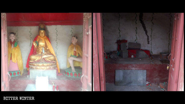 La statua della Guanyin nel tempio Shengquan prima e dopo essere smantellata