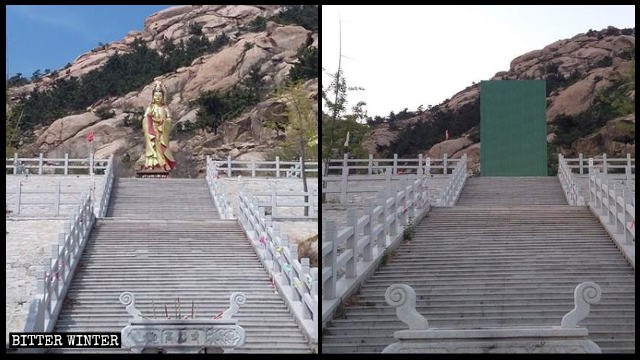Una statua di Bodhisattva nel tempio Gaofu nella città di Pingdu coperta dopo la chiusura del tempio