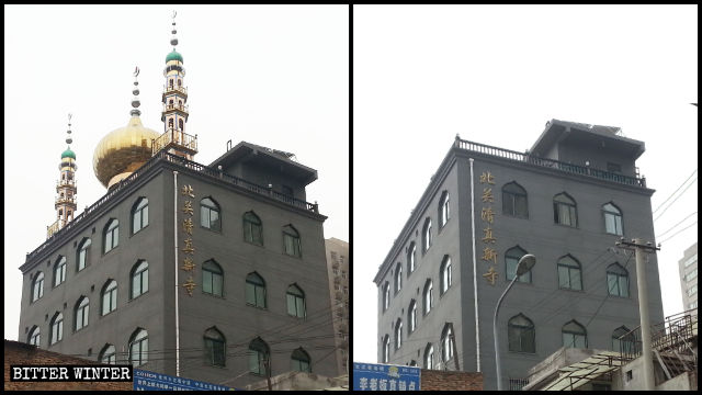 La cupola e i simboli della stella e della mezzaluna vengono smantellati dalla nuova moschea Beiguan nella città di Xi'an