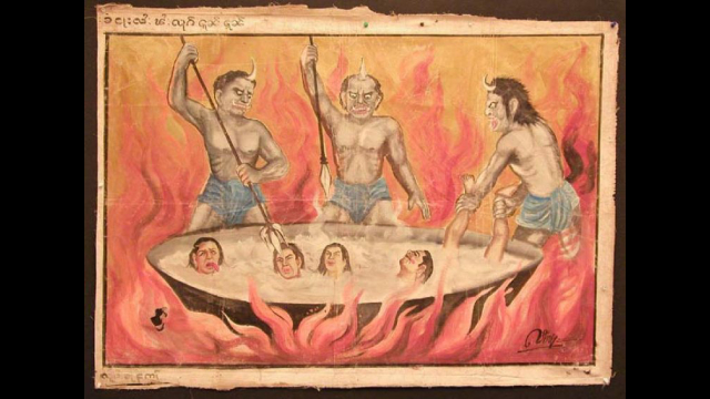 Una rappresentazione buddhista di demoni che, all'Inferno, torturano chi ha compiuto azioni vergognose