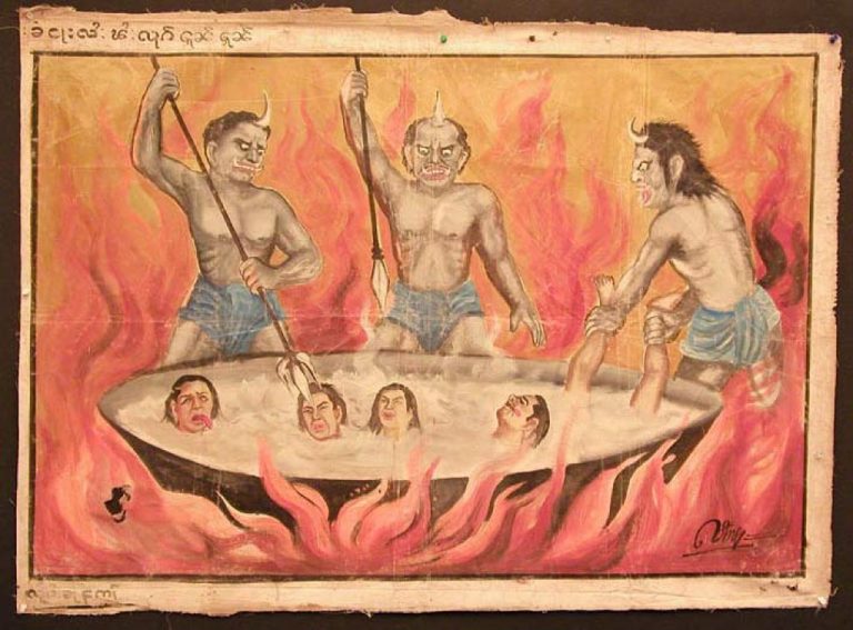 Una rappresentazione buddhista di demoni che, all'Inferno, torturano chi ha compiuto azioni vergognose