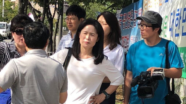 O Myung-ok durante le false dimostrazioni del settembre 2018