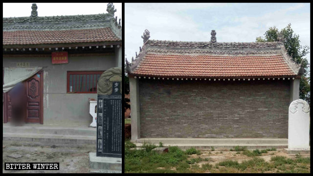 Il tempio Laoye nel villaggio di Muhua è stato chiuso e il monumento di pietra al suo ingresso è stato coperto con vernice bianca