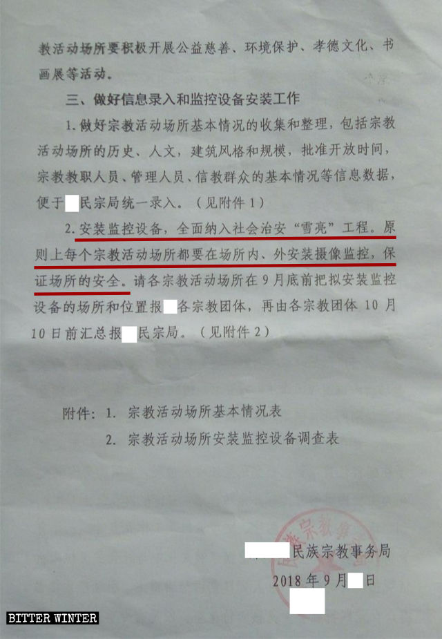 Uno stralcio da una nota a proposito del rafforzamento della gestione delle sale per riunioni religiose, emesso nella provincia dello Jiangxi