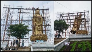 Gli operai montano i ponteggi attorno alla Guanyin del tempio Qingguo; la statua è stata presto abbattuta