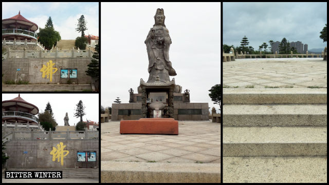 Il ìcomplesso monumentale Hongyan prima e dopo la demolizione della statua della Guanyin che stilla acqua