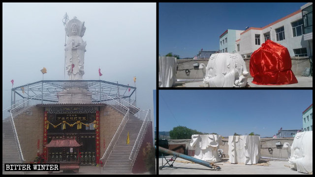 La statua della Guanyin all'interno del tempio di Xuanlongn, nella città di Datong, prima e dopo essere stata fatta a pezzi