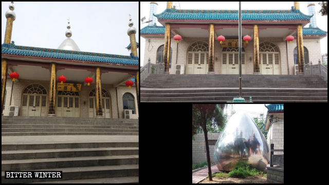 La cupola e i simboli della mezzaluna e della stella sono stati rimossi da una moschea del borgo di Yuecun, nella giurisdizione della città di Xinmi