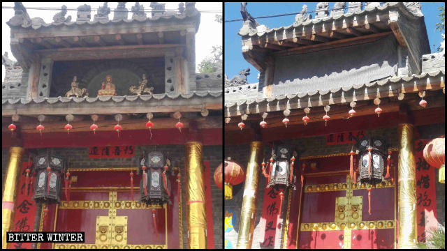 Tre piccole statue sopra l'ingresso del tempio Lingying sono state coperte con un telo