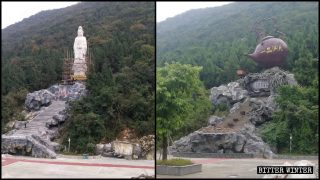 La statua di una divinità buddhista sostituita da un'enorme teiera