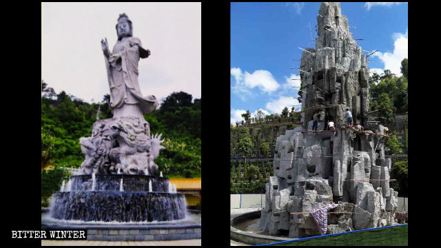 La statua della Guanyin che stilla acqua del cimitero di Shengquang è stata nascosta in una montagna artificiale di cemento armato