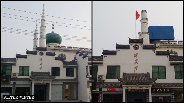Sulla sommità di una moschea nella contea Boai, amministrata dalla città di Jiaozuo nell’Henan, i simboli islamici sono stati sostituiti dalla bandiera nazionale