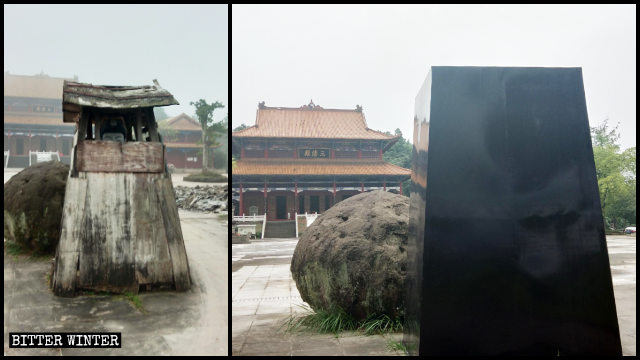 Una statua di Cihang Zhenren è stata coperta da fogli di ferro zincato di colore nero
