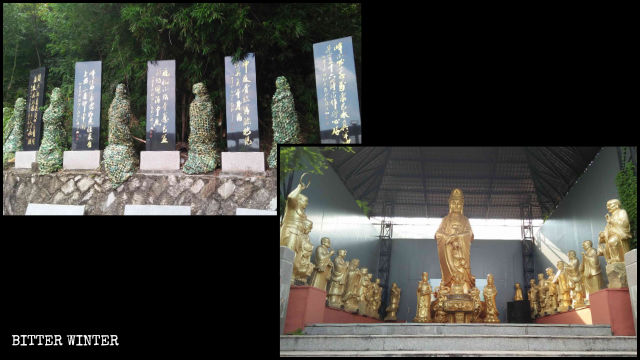 Alcune statue del Bodhisattva sono state spostate all’interno, altre sono state coperte