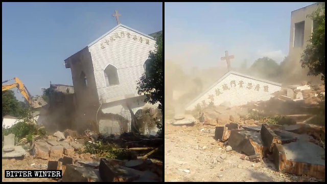 Una chiesa delle Tre Autonomie del villaggio di Liangcuo è stata demolita ed è crollata, finendo in macerie