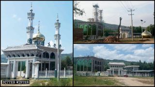 Gli elementi architettonici islamici sulla sommità di una moschea nel villaggio di Tuanju sono stati demoliti