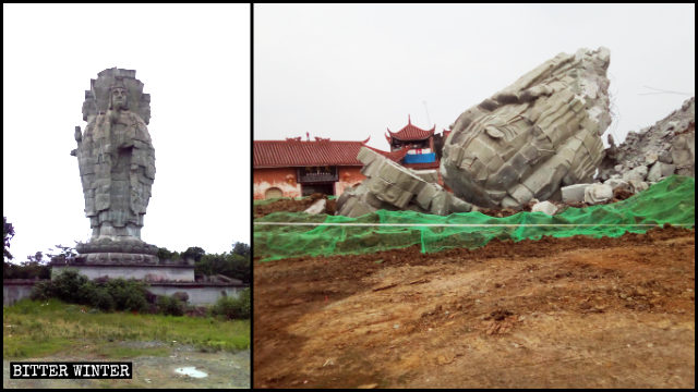 La statua a quattro facce della Guanyin prima e dopo la demolizione