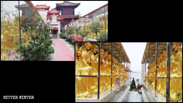Più di 400 statue di soggetto buddhista attorno al tempio degli Arhat sono state collocate sotto una struttura in vetro