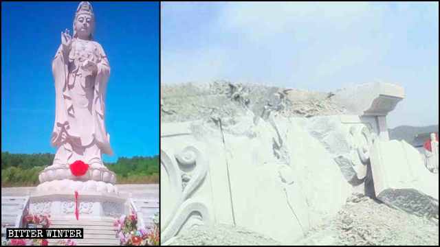 La statua della Guanyin del tempio di Qingyun, prima e dopo il suo abbattimento