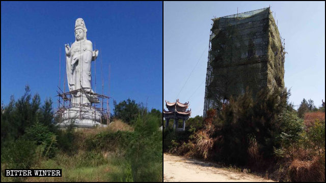 La statua della Guanyin a Putian, nel Fujian, coperta con una rete nera