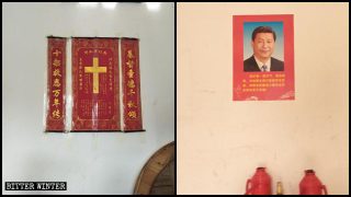Un manifesto con un crocefisso in una casa cristiana viene rimosso e sostituito con un ritratto di Xi Jinping.