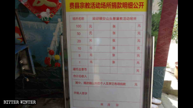 Uno dei pannelli «Dettagli pubblici sulle donazioni ai luoghi di attività religiose nella contea di Fei» esposto in una chiesa delle Tre Autonomie di Zhutian