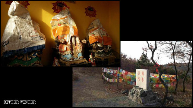 Le statue coperte nella sala del Tempio di Yuquan e la targa di ringraziamento dei fedeli coperta di vernice