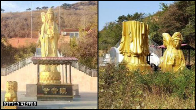 La statua a tre face del Bodhisattva nel Tempio di Huangshan è stata demolita