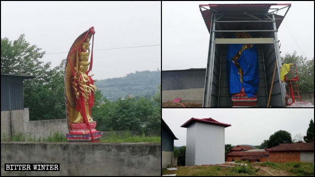 La statua della Guanyin dalle mille mani all’esterno del tempio Baimiaozi prima e dopo essere nascosta