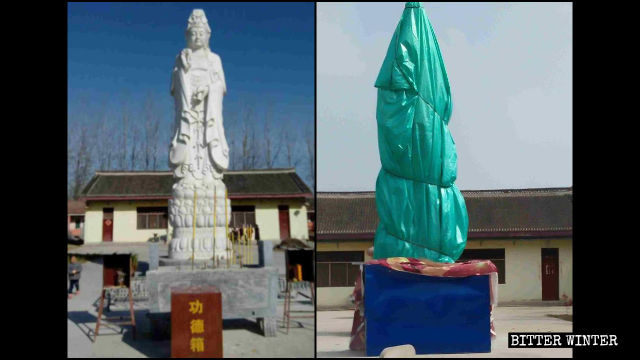 La statua della Guanyin nel tempio Puzhao era stata coperta per evitarne la demolizione